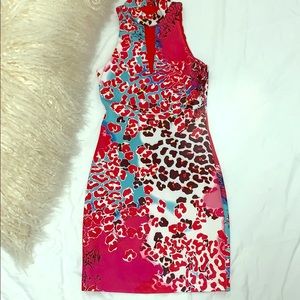 BEBE SCUBA HALTER DRESS - RED JUNGLE - XXS